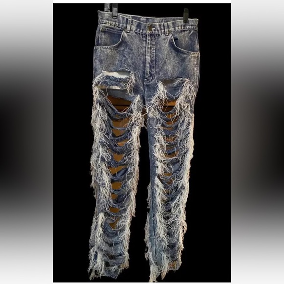 Vintage 80’s Distressed Shredded Ripped Blue Denim High Waist Acid Jeans 32 X 34 - Picture 2 of 6